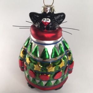 Vtg BLACK CAT UGLY SWEATER Christmas Ornament Glass 1995 Kurt Adler￼ Art